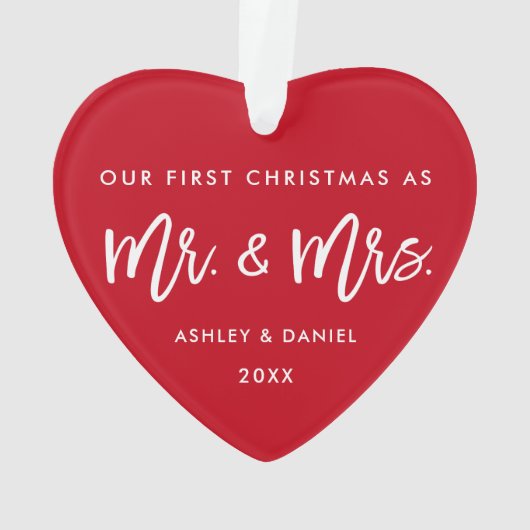 Modern Brush Script First Kerstmis Mr. Mrs Red Ornament (achterkant)
