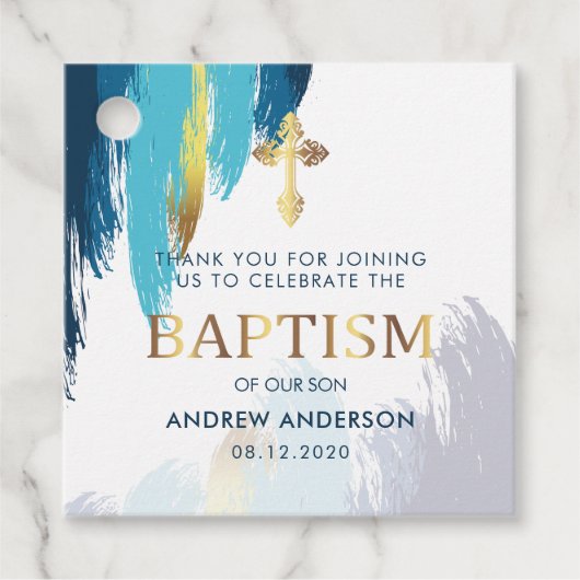 Modern Brush Script Gold & Blue Bedankt doop Bedankjes Labels (Voorkant)