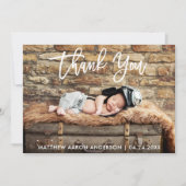 Modern Brush Script Hout Nieuwe Baby Bedankkaart Kaart (Voorkant)