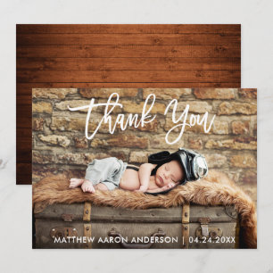 Modern Brush Script Hout Nieuwe Baby Bedankkaart Kaart