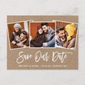 Modern Brush Script Kraft Bewaar onze datum 3 Foto Briefkaart (Voorkant)