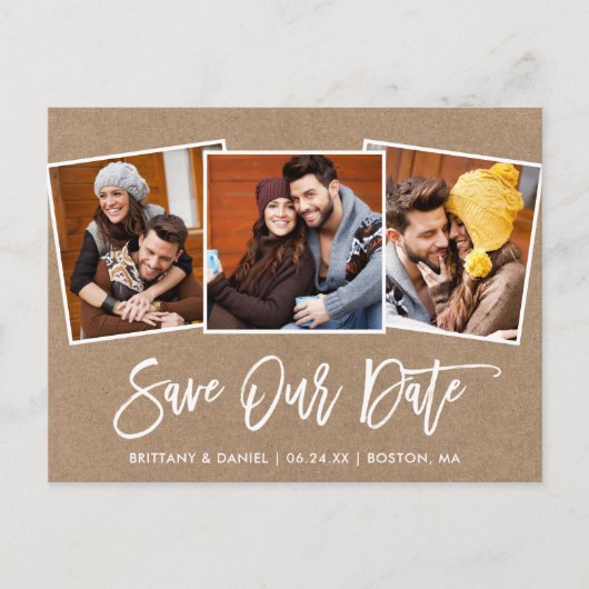 Modern Brush Script Kraft Bewaar onze datum 3 Foto Briefkaart (Voorkant)
