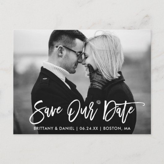 Modern Brush Script Save Our Date Zwart-wit Briefkaart (Voorkant)