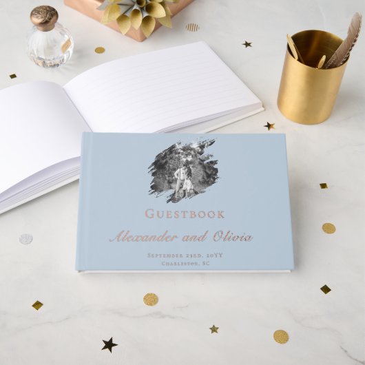 Modern Brushstroke Photo Wedding | Blue Gastenboek (Voorkant open)
