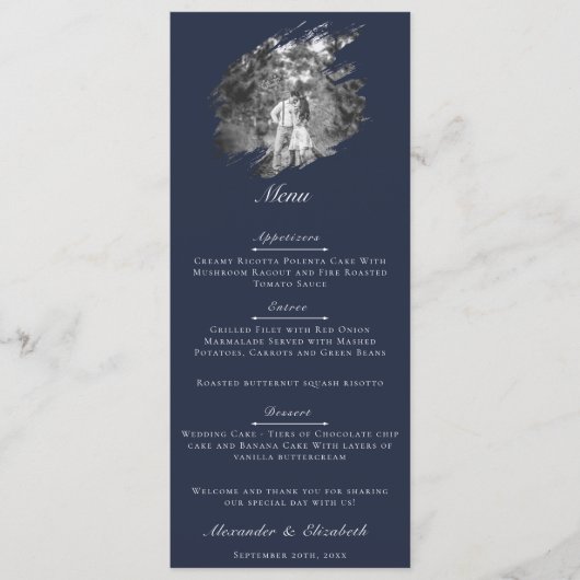 Modern Brushstroke Photo Wedding | Navy Blue Menu (Voorkant)