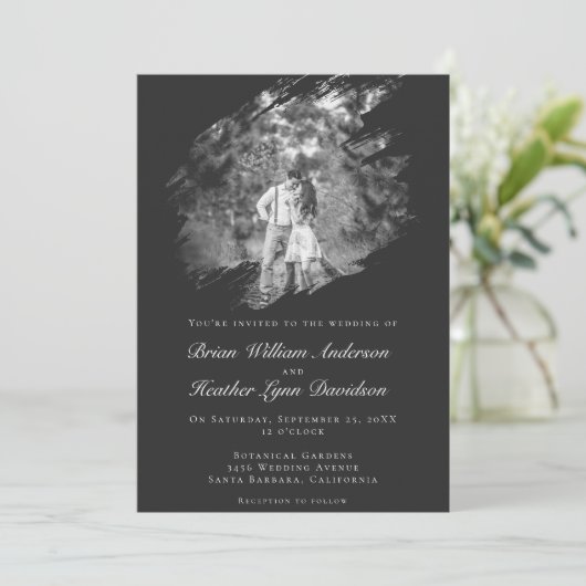 Modern Brushstroke Photo Wedding | Soft Black Kaart (Staand voorkant)