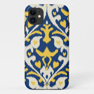 Modern buff yellow blue ikat tribal patroon iPhone 11 hoesje
