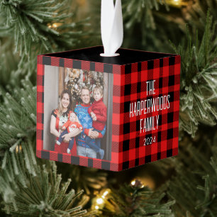 Modern Buffalo Plaid 3 Family photo Christmas Kubus Ornament