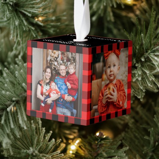 Modern Buffalo Plaid 4 Family photo Christmas Kubus Ornament (Boom)