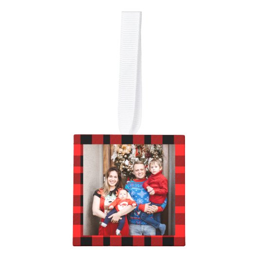 Modern Buffalo Plaid 4 Family photo Christmas Kubus Ornament (Voorkant)