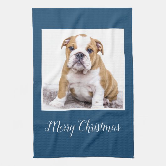 Modern Bulldog Dog Merry Kerstfeestdag Foto Theedoek (Verticaal)