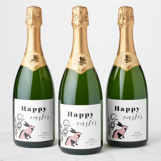 Modern Bunny Happy Easter gepersonaliseerd Sparkling Wijnetiket (Flessen)