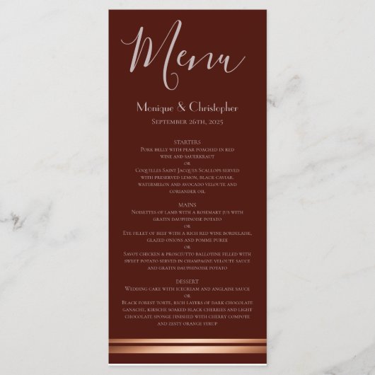 Modern Burgundy and Copper Wedding Menu (Voorkant)