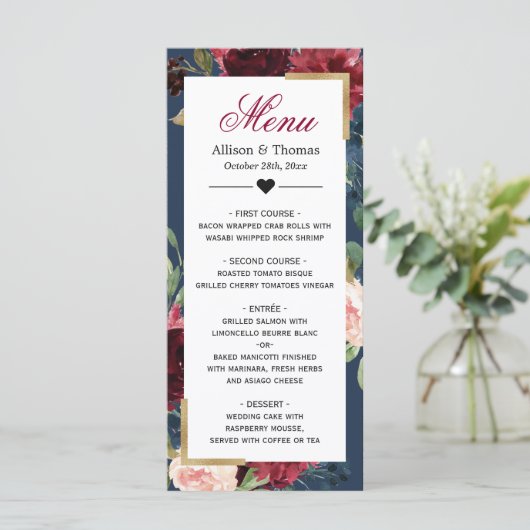 Modern Burgundy Blue Floral Wedding Menu (Staand voorkant)