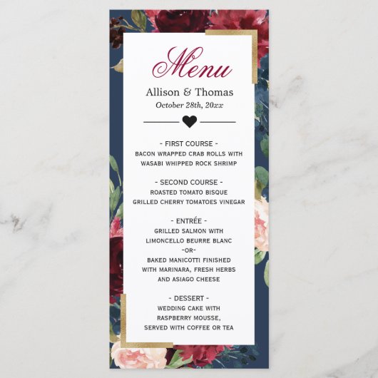 Modern Burgundy Blue Floral Wedding Menu (Voorkant)