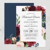Modern Burgundy Blush Blue Floral repesal Dinner Kaart (Voorkant / Achterkant)