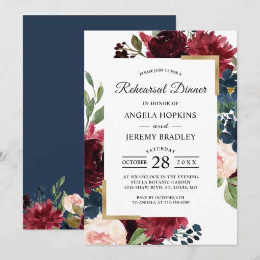 Modern Burgundy Blush Blue Floral repesal Dinner Kaart (Voorkant / Achterkant)