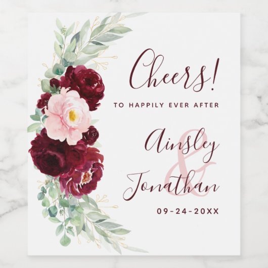 Modern Burgundy Blush Floral Greenery Wedding Wijn Etiket (Enkel label)