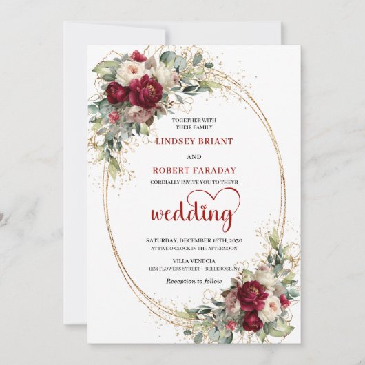 Modern Burgundy Boho Floral Wedding Invitation (Devant)