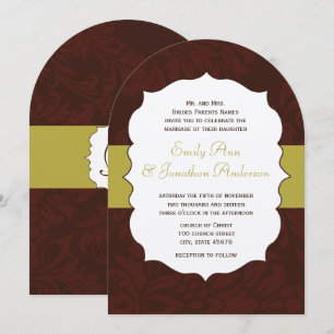 Modern Burgundy Chartreuse Damask Wedding Invite Kaart