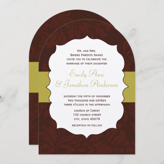 Modern Burgundy Chartreuse Damask Wedding Invite Kaart (Voorkant / Achterkant)