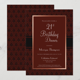 Modern Burgundy Damask 21st Birthday Dinner Party Kaart