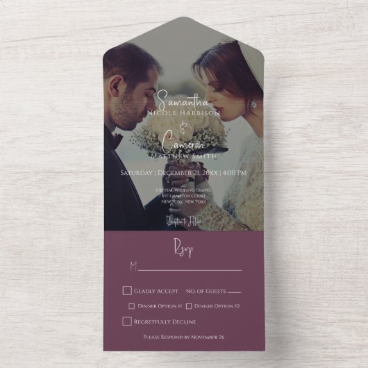 Modern Burgundy Elegant Photo Dinner All In One Uitnodiging (Binnen)