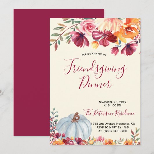 Modern Burgundy Floral Friendsgiving Invitations (Devant / Derrière)