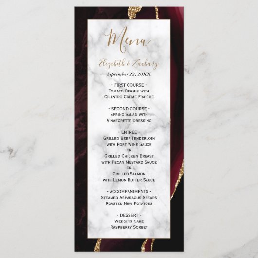 Modern Burgundy Gold Agate Marble Wedding Menu (Voorkant)