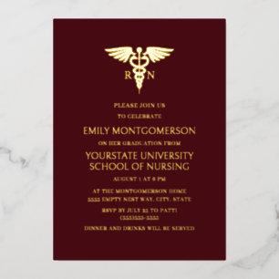Modern Burgundy Gold Nursing School RN Afstuderen Folie Uitnodiging