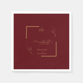 Modern Burgundy Golden Leaflet Border Monogram Servet