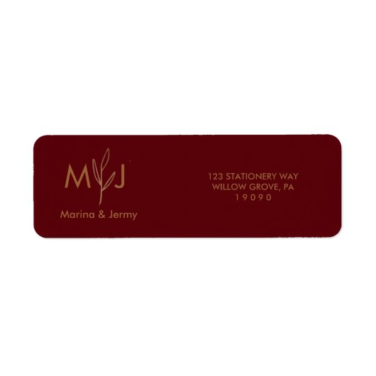 Modern Burgundy Golden Leaflet Monogram Etiket (Voorkant)