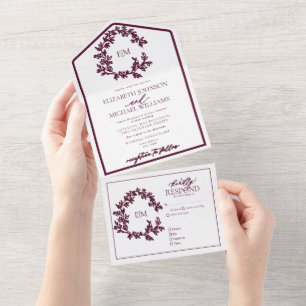 Modern Burgundy Leafy Crest Monogram Weddenschap All In One Uitnodiging