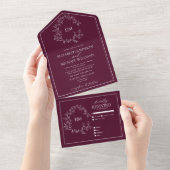 Modern Burgundy Leafy Crest Monogram Weddenschap All In One Uitnodiging (Afscheurbaar)
