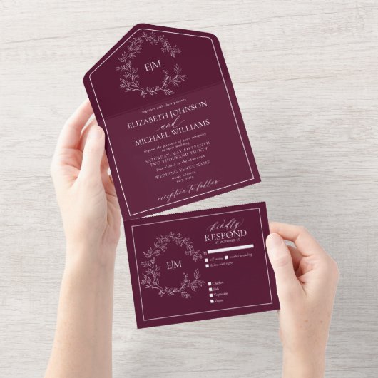 Modern Burgundy Leafy Crest Monogram Weddenschap All In One Uitnodiging (Afscheurbaar)