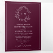 Modern Burgundy Leafy Crest Monogram Weddenschap Drieluik Uitnodiging (Binnenzijde eerst)