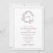 Modern Burgundy Leafy Crest Monogram Weddenschap Kaart (Voorkant)
