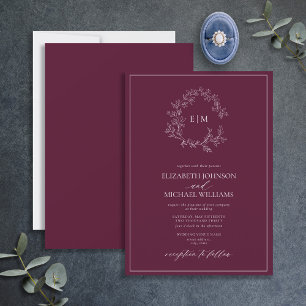 Modern Burgundy Leafy Crest Monogram Weddenschap Kaart