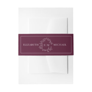 Modern Burgundy Leafy Crest Monogram Weddenschap Uitnodigingen Wikkel