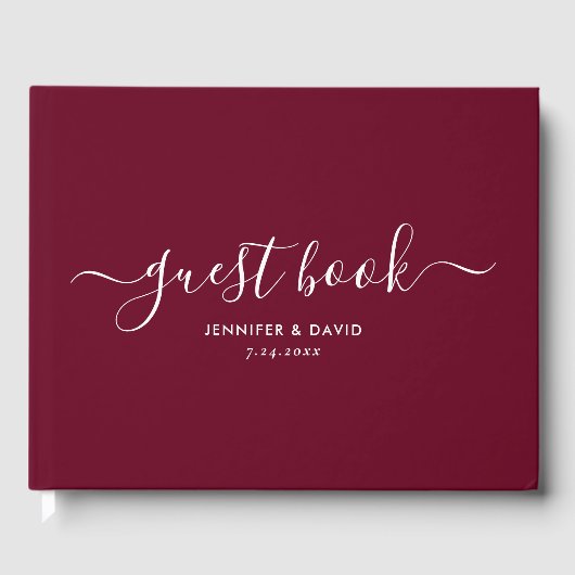 Modern Burgundy Minimalist Script Weddenschap Gastenboek (Voorkant)