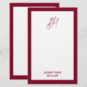 Modern Burgundy Monogram Briefpapier (Voorkant / Achterkant)
