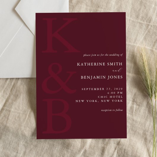 Modern Burgundy Monogram Minimalist Wedding Kaart