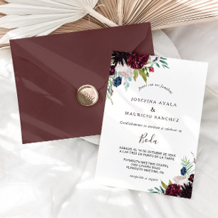 Modern Burgundy Navy Blush Floral Spain Wedding Kaart