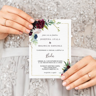 Modern Burgundy Navy Blush Floral Spain Wedding Kaart