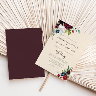 Modern Burgundy Navy Blush Floral Wedding Invitati Kaart