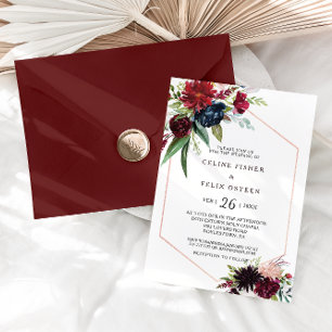 Modern Burgundy Navy Blush Floral Wedding Kaart