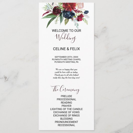 Modern Burgundy Navy Blush Floral Wedding Programm Programma (Voorkant)