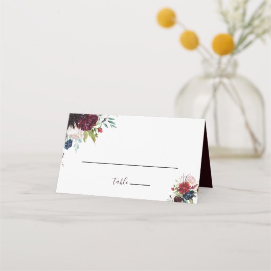 Modern Burgundy Navy Floral Wedding Place Card (Voorkant)