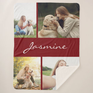 Modern Burgundy Photo Collage Dog Sherpa Deken