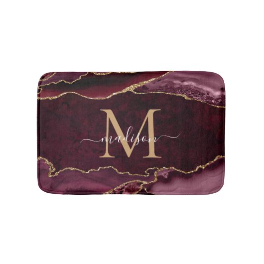 Modern Burgundy Red Gold Agate Geode Chic Monogram Badmat (Voorkant)
